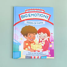 Load image into Gallery viewer, Front cover of Big Emotions, Seeds of Faith. Two children are at a carnival with excited faces holding a box of popcorn. Emotions are written on the pieces of popcorn: "sad, fearful, scared, moody, shy, and angry."