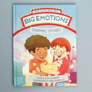 Front cover of Big Emotions, Stepping Stones. Two children are at a carnival with excited faces holding a box of popcorn. Emotions are written on the pieces of popcorn: "sad, fearful, worried, moody, shy, and angry."