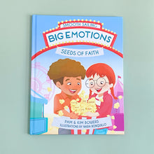 Load image into Gallery viewer, Front cover of Big Emotions, Seeds of Faith. Two children are at a carnival with excited faces holding a box of popcorn. Emotions are written on the pieces of popcorn: &quot;sad, fearful, scared, moody, shy, and angry.&quot;
