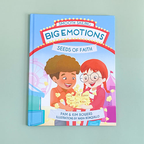 Front cover of Big Emotions, Seeds of Faith. Two children are at a carnival with excited faces holding a box of popcorn. Emotions are written on the pieces of popcorn: 